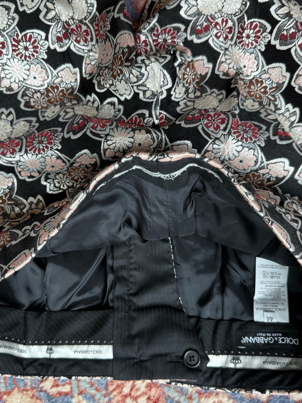 Dolce & Gabbana Black Brocade Floral pants with Pink, white, and silver accents.